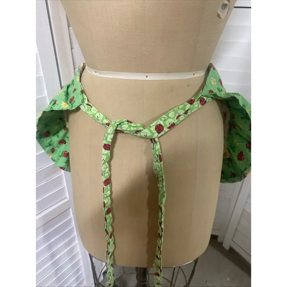 Handmade Ivory Denim Jeans Half Apron Ladybug Fabric Ruffle One Size